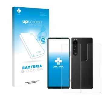 Vorderseite einer Produktverpackung mit dem Markenlogo upscreen. Daneben ist das Gerät Sony Xperia 5 III (Display+Rückseite) m