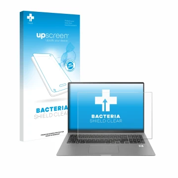 Vorderseite einer Produktverpackung mit dem Markenlogo upscreen. Daneben ist das Gerät LG gram 17'' 2021 mit dem zugehörigen D