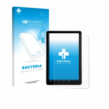 Vorderseite einer Produktverpackung mit dem Markenlogo upscreen. Daneben ist das Gerät Amazon Fire HD 10 2021 (11. Gen.) mit d