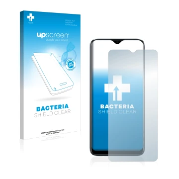 Vorderseite einer Produktverpackung mit dem Markenlogo upscreen. Daneben ist das Gerät realme C11 2021 mit dem zugehörigen Dis
