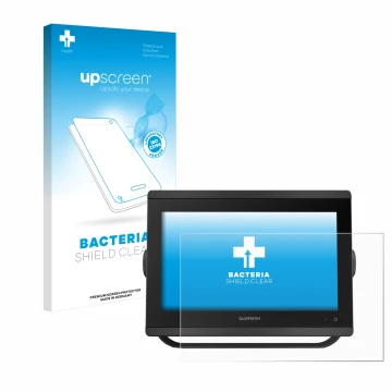 Vorderseite einer Produktverpackung mit dem Markenlogo upscreen. Daneben ist das Gerät Garmin GPSMAP 8412 xsv mit dem zugehöri