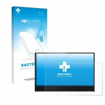 Vorderseite einer Produktverpackung mit dem Markenlogo upscreen. Daneben ist das Gerät Lenovo ThinkVision M14t mit dem zugehör