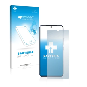 Vorderseite einer Produktverpackung mit dem Markenlogo upscreen. Daneben ist das Gerät Vivo V21 5G mit dem zugehörigen Display