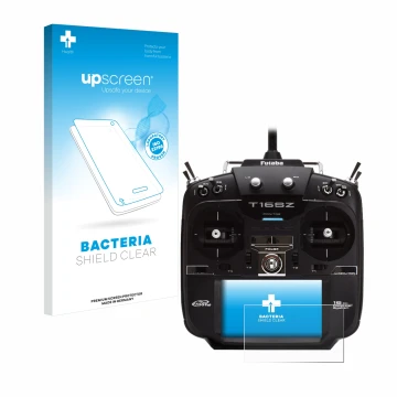 Vorderseite einer Produktverpackung mit dem Markenlogo upscreen. Daneben ist das Gerät Robbe Futaba T16IZ mit dem zugehörigen 