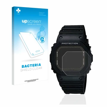 Vorderseite einer Produktverpackung mit dem Markenlogo upscreen. Daneben ist das Gerät Casio G-Shock GW-5000-1JF mit dem zugeh