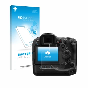 Vorderseite einer Produktverpackung mit dem Markenlogo upscreen. Daneben ist das Gerät Canon EOS R3 mit dem zugehörigen Displa