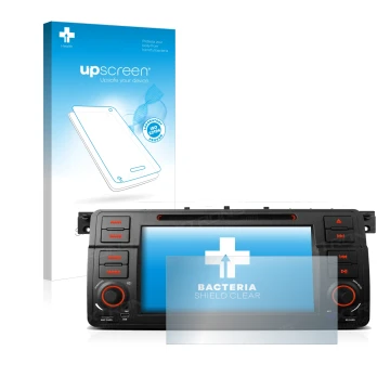 Vorderseite einer Produktverpackung mit dem Markenlogo upscreen. Daneben ist das Gerät Xtrons PQ7046B mit dem zugehörigen Disp