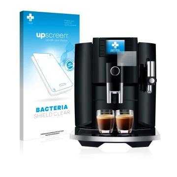 Vorderseite einer Produktverpackung mit dem Markenlogo upscreen. Daneben ist das Gerät Jura E8 (EB) mit dem zugehörigen Displa