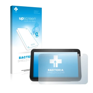 Vorderseite einer Produktverpackung mit dem Markenlogo upscreen. Daneben ist das Gerät Amazon Echo Show 8 2021 (2. Gen.) mit d