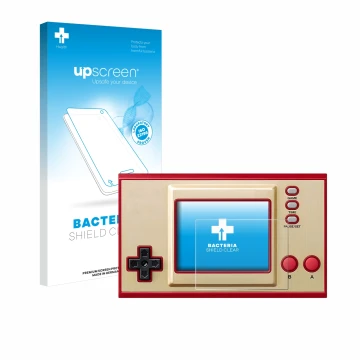 Vorderseite einer Produktverpackung mit dem Markenlogo upscreen. Daneben ist das Gerät Nintendo Game & Watch Super Mario Bros 