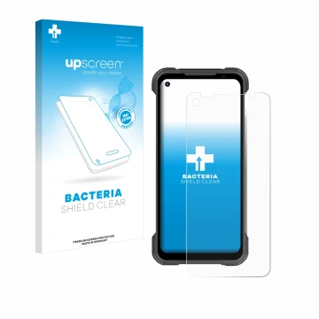 Vorderseite einer Produktverpackung mit dem Markenlogo upscreen. Daneben ist das Gerät Doogee S97 Pro mit dem zugehörigen Disp