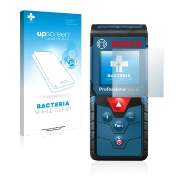 Vorderseite einer Produktverpackung mit dem Markenlogo upscreen. Daneben ist das Gerät Bosch GLM 40 Professional mit dem zugeh