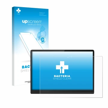 Vorderseite einer Produktverpackung mit dem Markenlogo upscreen. Daneben ist das Gerät Lenovo Yoga Tab 13 mit dem zugehörigen 