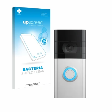 Vorderseite einer Produktverpackung mit dem Markenlogo upscreen. Daneben ist das Gerät Ring Video Doorbell 4 mit dem zugehörig