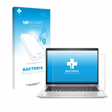 Vorderseite einer Produktverpackung mit dem Markenlogo upscreen. Daneben ist das Gerät HP ProBook x360 435 G8 mit dem zugehöri