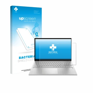 Vorderseite einer Produktverpackung mit dem Markenlogo upscreen. Daneben ist das Gerät HP Pavilion x360 Convertible 15-erX mit