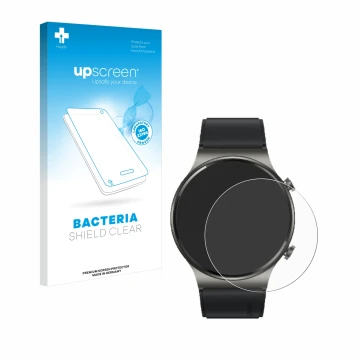 Vorderseite einer Produktverpackung mit dem Markenlogo upscreen. Daneben ist das Gerät Huawei Watch GT 2 Pro ECG mit dem zugeh