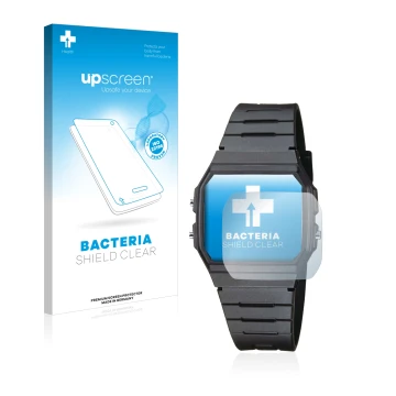 Vorderseite einer Produktverpackung mit dem Markenlogo upscreen. Daneben ist das Gerät Casio Collection Unisex F-91W mit dem z