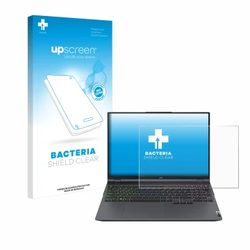 Vorderseite einer Produktverpackung mit dem Markenlogo upscreen. Daneben ist das Gerät Lenovo Legion 5 Pro mit dem zugehörigen