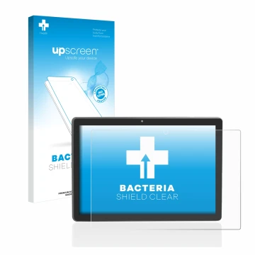 Vorderseite einer Produktverpackung mit dem Markenlogo upscreen. Daneben ist das Gerät Majestic Tab-912 4G mit dem zugehörigen