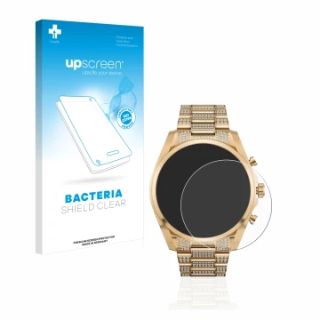 Vorderseite einer Produktverpackung mit dem Markenlogo upscreen. Daneben ist das Gerät Michael Kors Access Gen 6 Bradshaw mit 