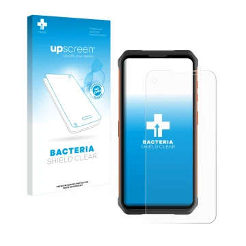 Vorderseite einer Produktverpackung mit dem Markenlogo upscreen. Daneben ist das Gerät Doogee V10 mit dem zugehörigen Displays