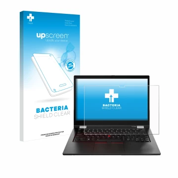 Vorderseite einer Produktverpackung mit dem Markenlogo upscreen. Daneben ist das Gerät Lenovo ThinkPad L13 Yoga Gen 2 mit dem 