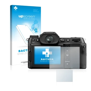 Vorderseite einer Produktverpackung mit dem Markenlogo upscreen. Daneben ist das Gerät Fujifilm GFX50S II mit dem zugehörigen 