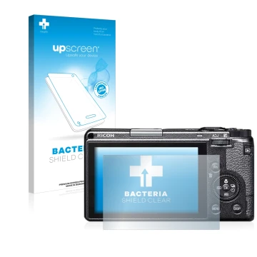 Vorderseite einer Produktverpackung mit dem Markenlogo upscreen. Daneben ist das Gerät Ricoh GR IIIx mit dem zugehörigen Displ