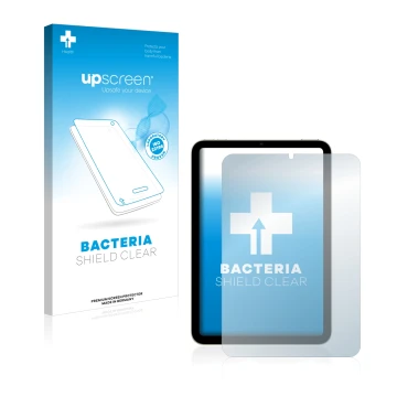 Vorderseite einer Produktverpackung mit dem Markenlogo upscreen. Daneben ist das Gerät Apple iPad Mini 6 2021 mit dem zugehöri