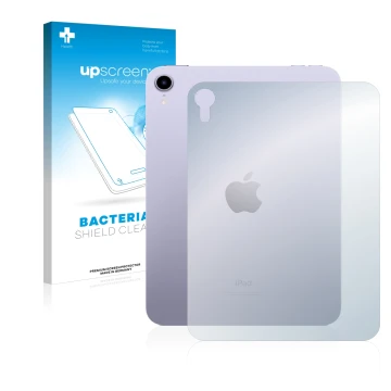 Vorderseite einer Produktverpackung mit dem Markenlogo upscreen. Daneben ist das Gerät Apple iPad Mini 6 WiFi 2021 (Rückseite,