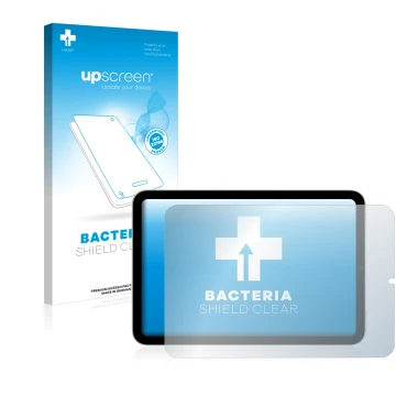 Vorderseite einer Produktverpackung mit dem Markenlogo upscreen. Daneben ist das Gerät Apple iPad Mini 6 2021 (im Querformat, 