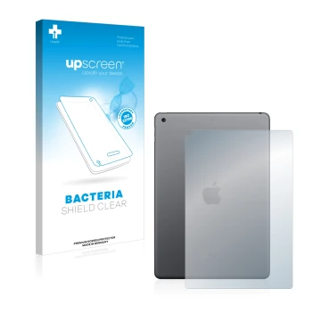 Vorderseite einer Produktverpackung mit dem Markenlogo upscreen. Daneben ist das Gerät Apple iPad 10.2