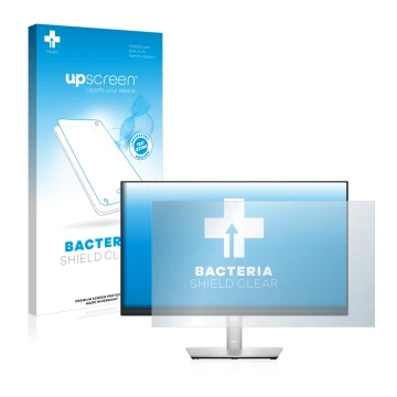 Vorderseite einer Produktverpackung mit dem Markenlogo upscreen. Daneben ist das Gerät Dell P2422HE mit dem zugehörigen Displa