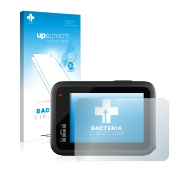 Vorderseite einer Produktverpackung mit dem Markenlogo upscreen. Daneben ist das Gerät GoPro Hero 10 Black mit dem zugehörigen