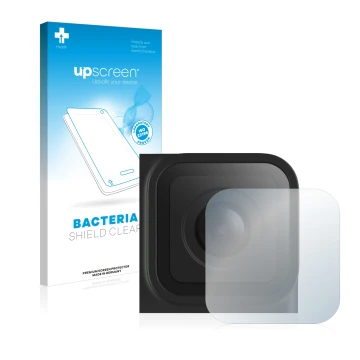 Vorderseite einer Produktverpackung mit dem Markenlogo upscreen. Daneben ist das Gerät GoPro Hero 10 Black Linse (Gehäuse) mit