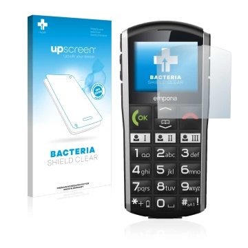 Vorderseite einer Produktverpackung mit dem Markenlogo upscreen. Daneben ist das Gerät Emporia Simplicity mit dem zugehörigen 