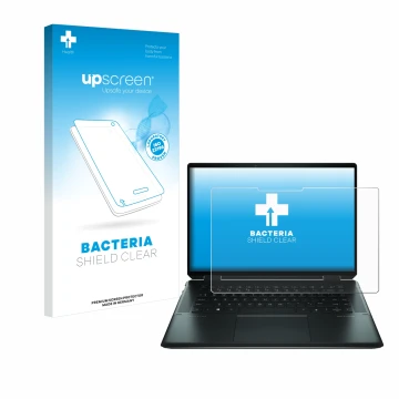 Vorderseite einer Produktverpackung mit dem Markenlogo upscreen. Daneben ist das Gerät HP Spectre x360 16