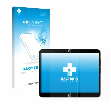 Vorderseite einer Produktverpackung mit dem Markenlogo upscreen. Daneben ist das Gerät Microsoft Surface Duo 2 (Inneres Displa