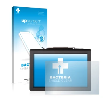 Vorderseite einer Produktverpackung mit dem Markenlogo upscreen. Daneben ist das Gerät Signotec Pen Display Delta (Touch) mit 