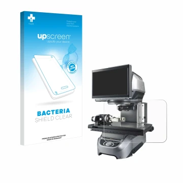 Vorderseite einer Produktverpackung mit dem Markenlogo upscreen. Daneben ist das Gerät Keyence IM-8030 Glasplatte mit dem zuge