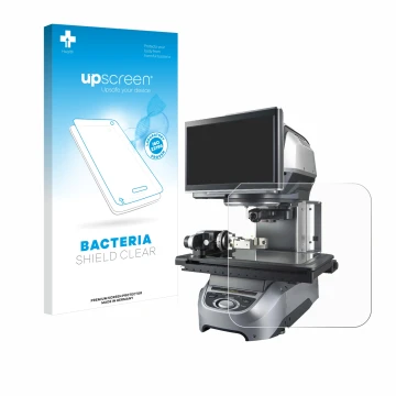 Vorderseite einer Produktverpackung mit dem Markenlogo upscreen. Daneben ist das Gerät Keyence IM-8020 Glasplatte mit dem zuge