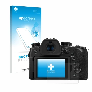 Vorderseite einer Produktverpackung mit dem Markenlogo upscreen. Daneben ist das Gerät Panasonic Lumix DMC-FZ1000 II mit dem z