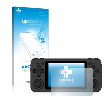 Vorderseite einer Produktverpackung mit dem Markenlogo upscreen. Daneben ist das Gerät Anbernic RG351P mit dem zugehörigen Dis