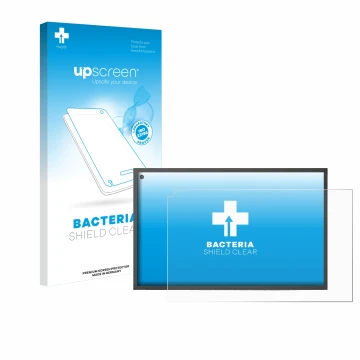 Vorderseite einer Produktverpackung mit dem Markenlogo upscreen. Daneben ist das Gerät Amazon Echo Show 15 mit dem zugehörigen