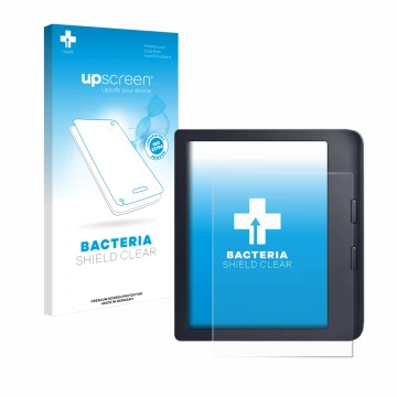 Vorderseite einer Produktverpackung mit dem Markenlogo upscreen. Daneben ist das Gerät Kobo Libra 2 mit dem zugehörigen Displa