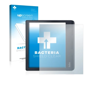 Vorderseite einer Produktverpackung mit dem Markenlogo upscreen. Daneben ist das Gerät Kobo Sage mit dem zugehörigen Displaysc