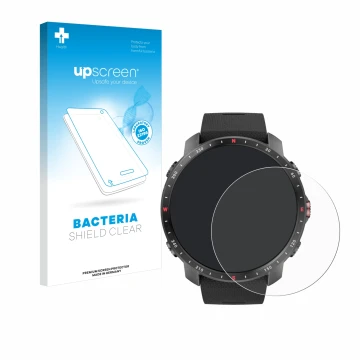 Vorderseite einer Produktverpackung mit dem Markenlogo upscreen. Daneben ist das Gerät Polar Grit X Pro mit dem zugehörigen Di