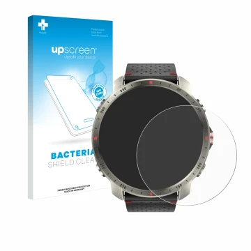 Vorderseite einer Produktverpackung mit dem Markenlogo upscreen. Daneben ist das Gerät Polar Grit X Pro Titan mit dem zugehöri