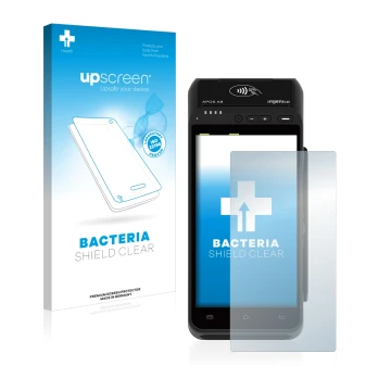 Vorderseite einer Produktverpackung mit dem Markenlogo upscreen. Daneben ist das Gerät ingenico Apos A8 mit dem zugehörigen Di